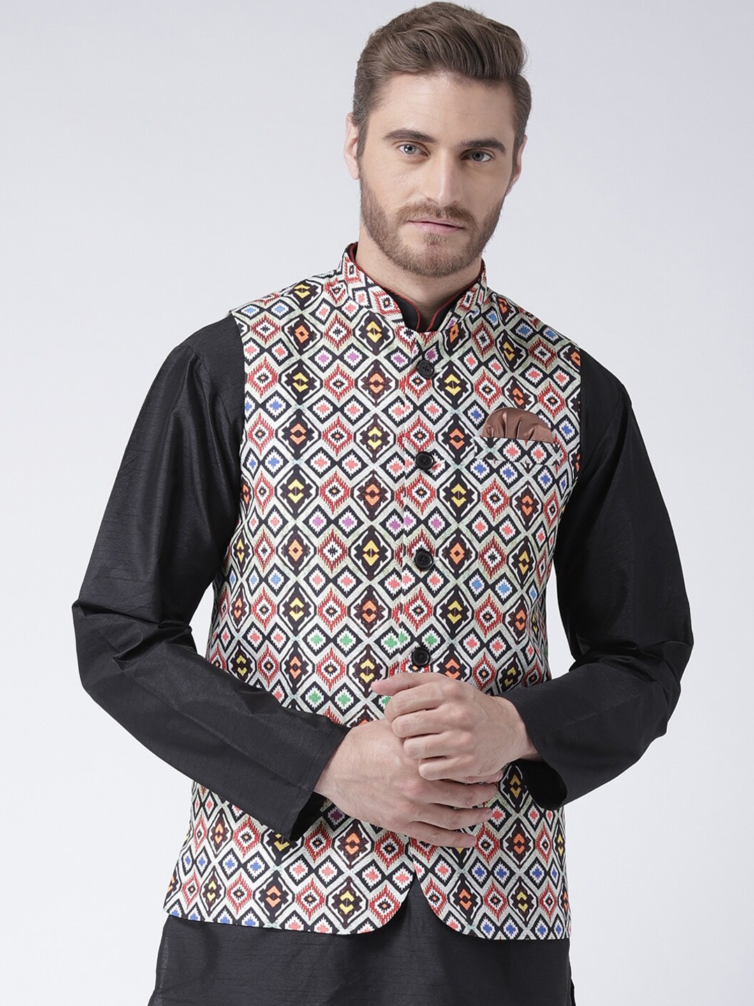 

Hangup Men Black & Red Woven-Design Nehru Jacket