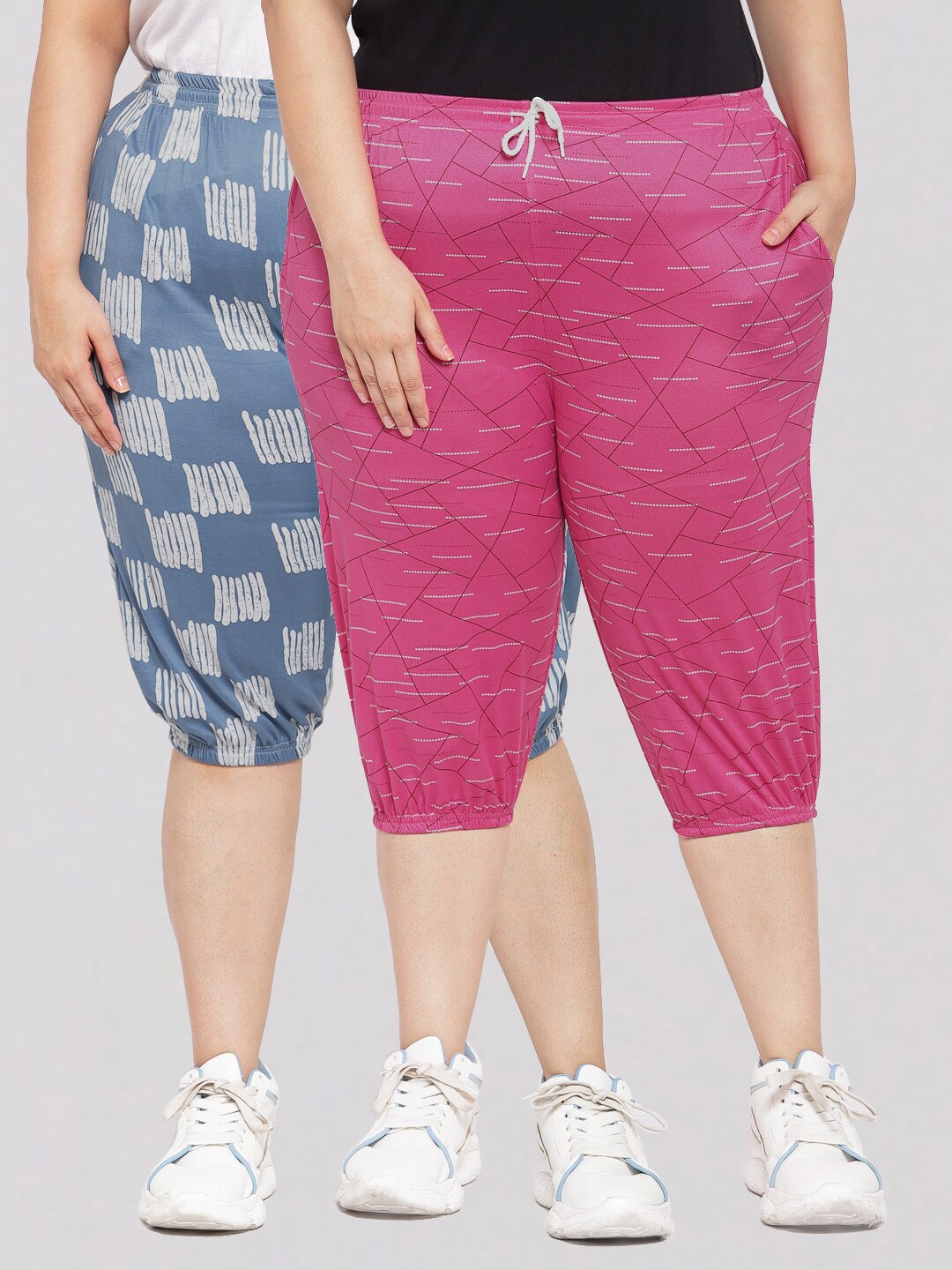 

KLOTTHE Women Pink & Blue Set of 2 Printed Capris
