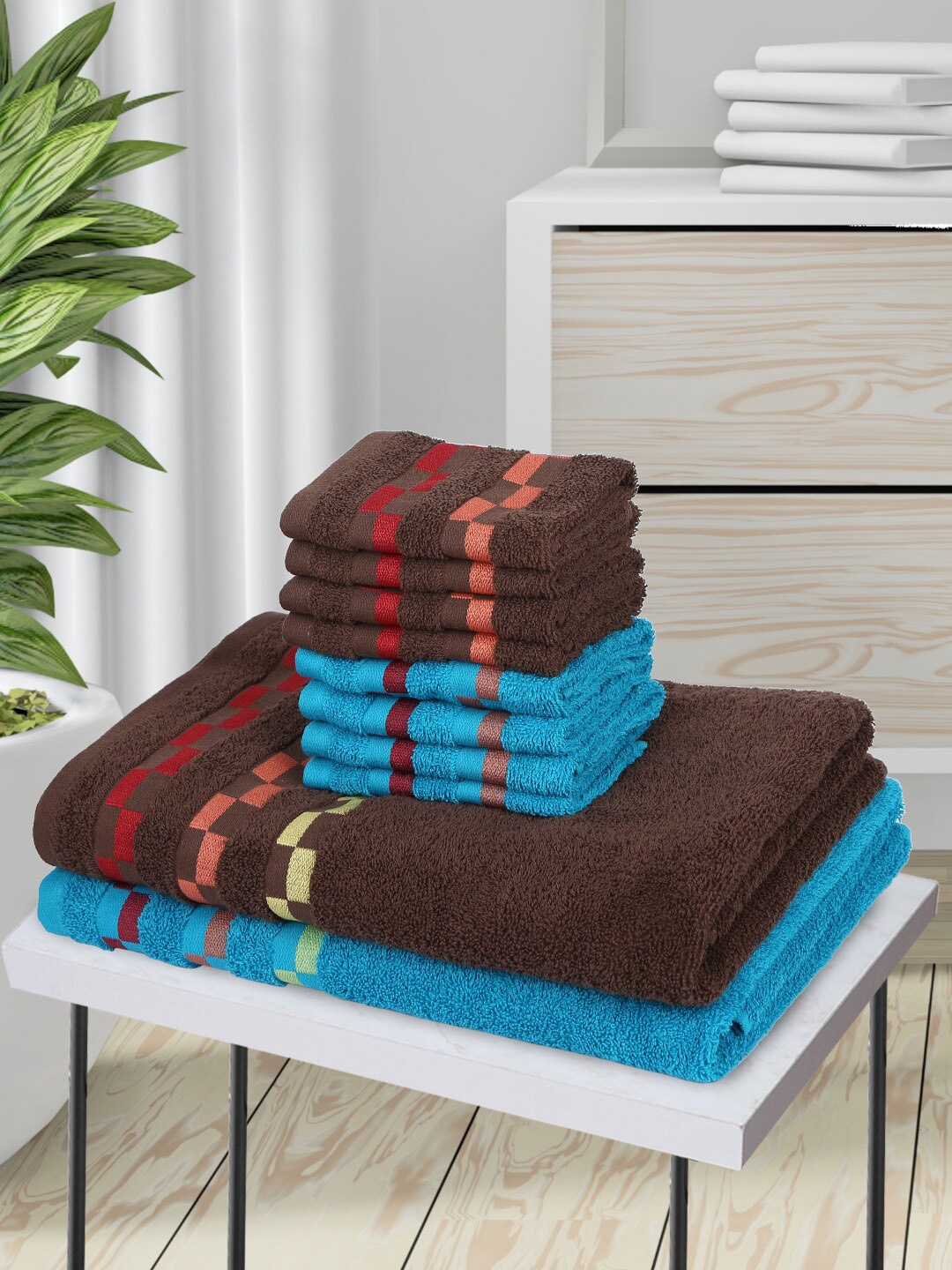 

BIANCA Set Of 10 Mercerized Combed Cotton Bumpy-Stripes Towel Set, Brown