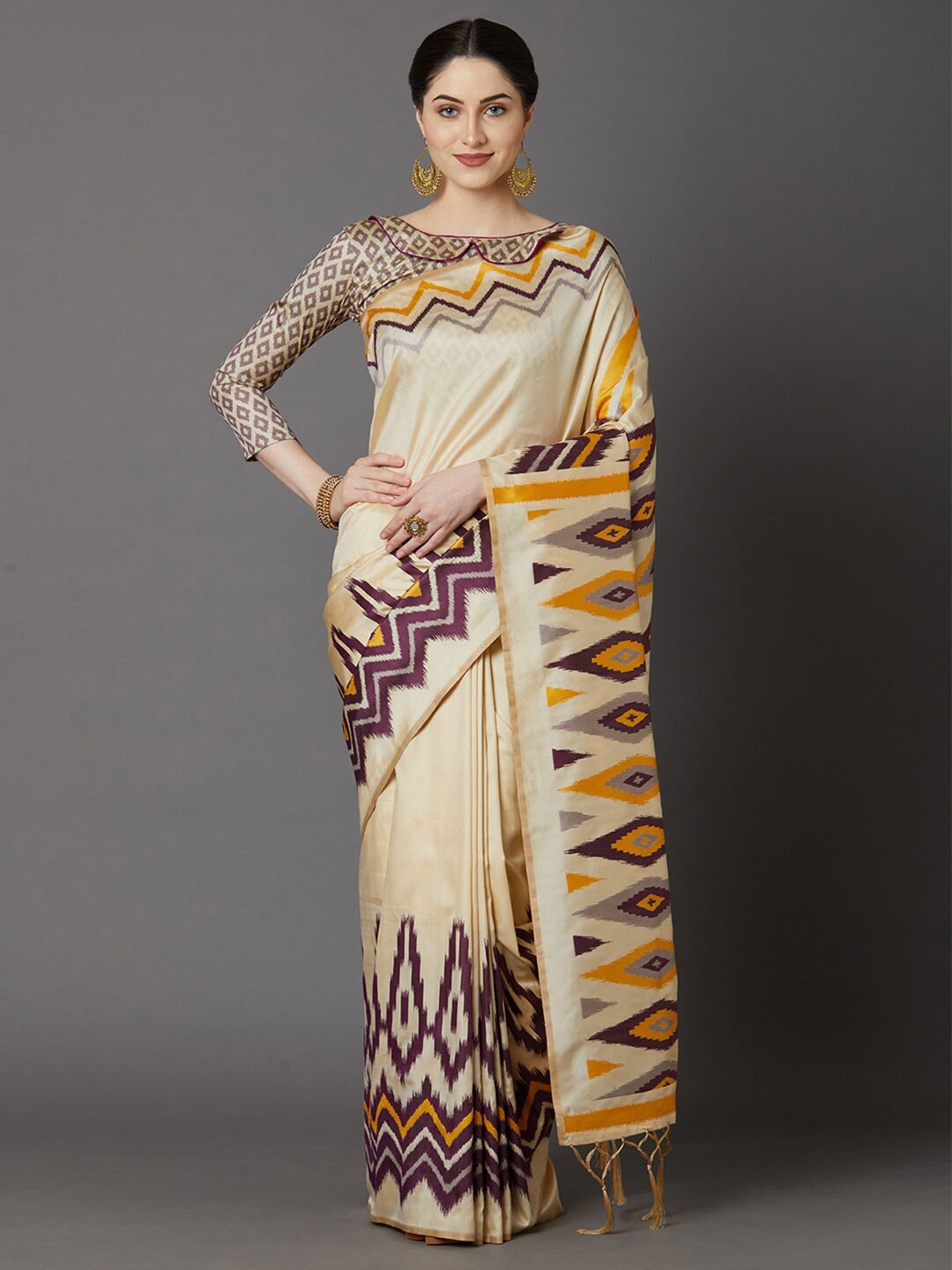 Mitera Cream-Coloured & Yellow Geometric Printed Saree