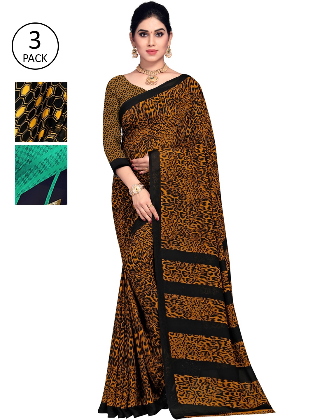

KALINI Black & Yellow Pack of 3 Printed Saree