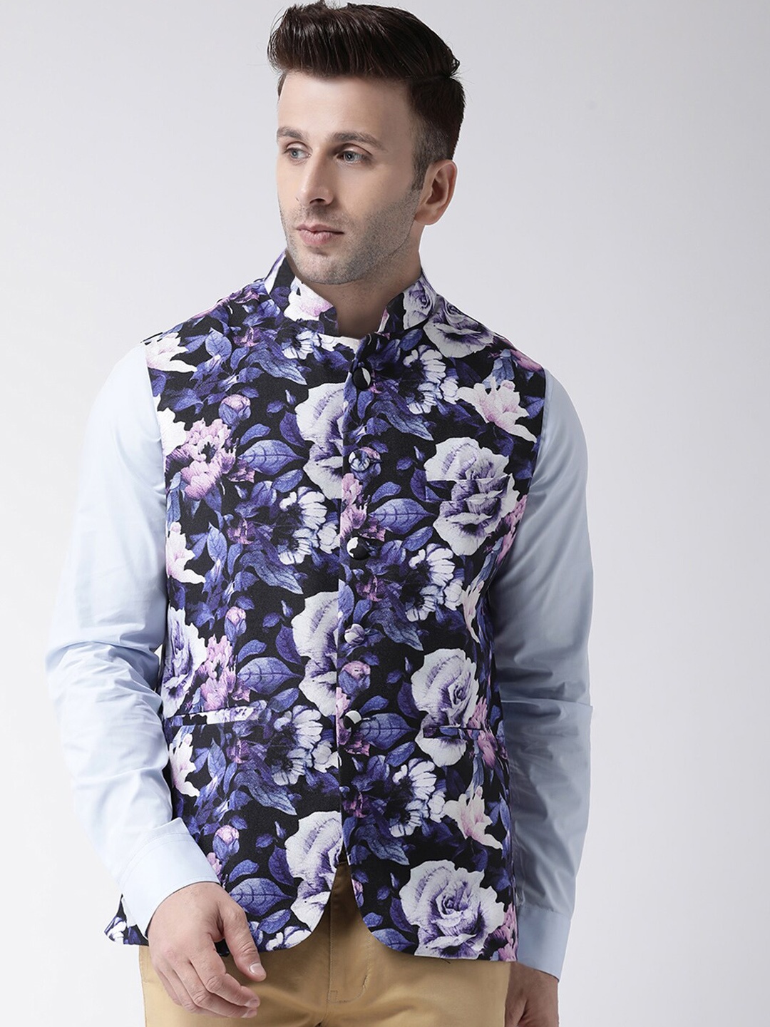 

Hangup Men Black & Purple Woven-Design Nehru Jacket