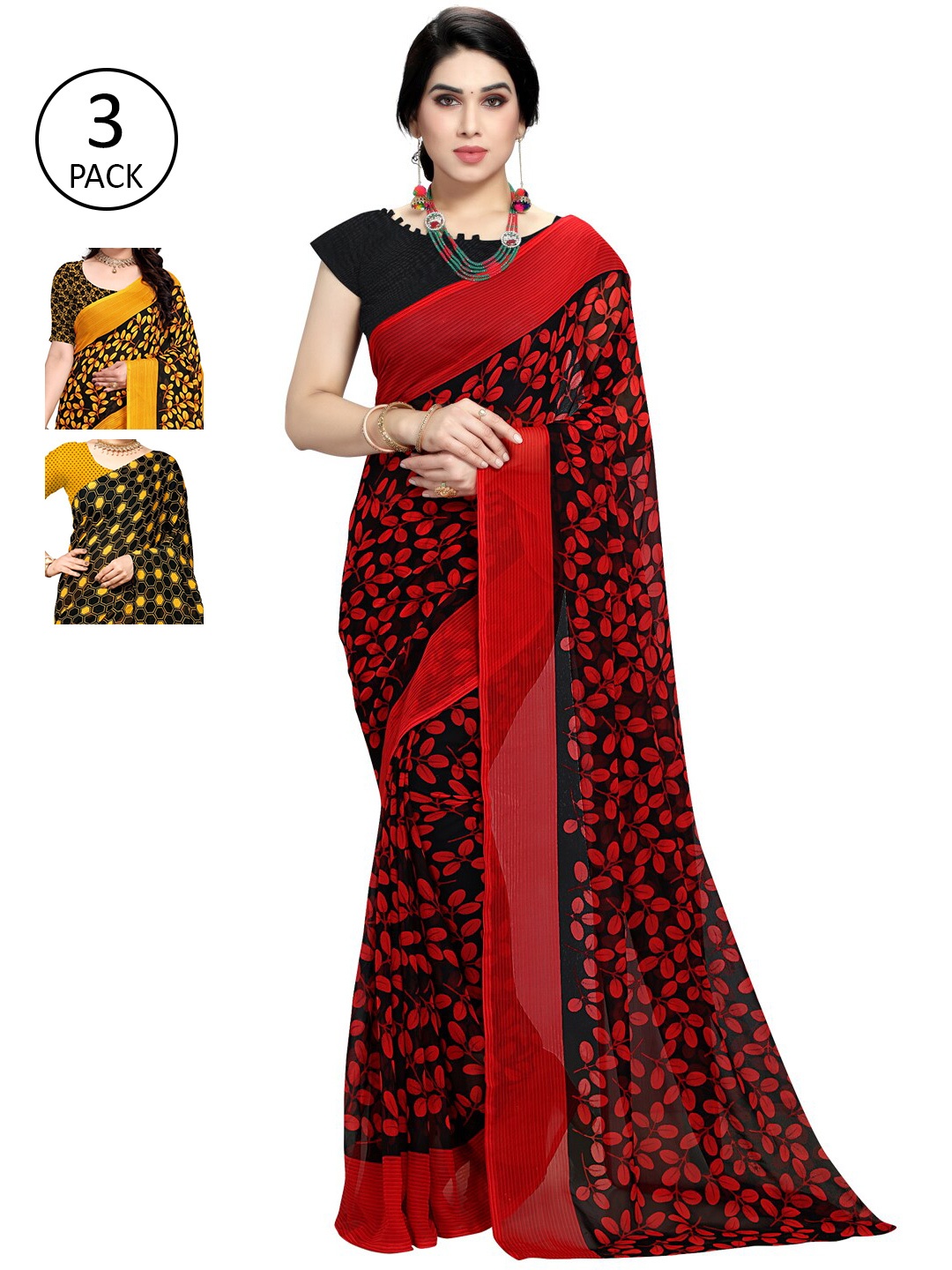 

KALINI Pack Of 3 Poly Georgette Sarees, Red