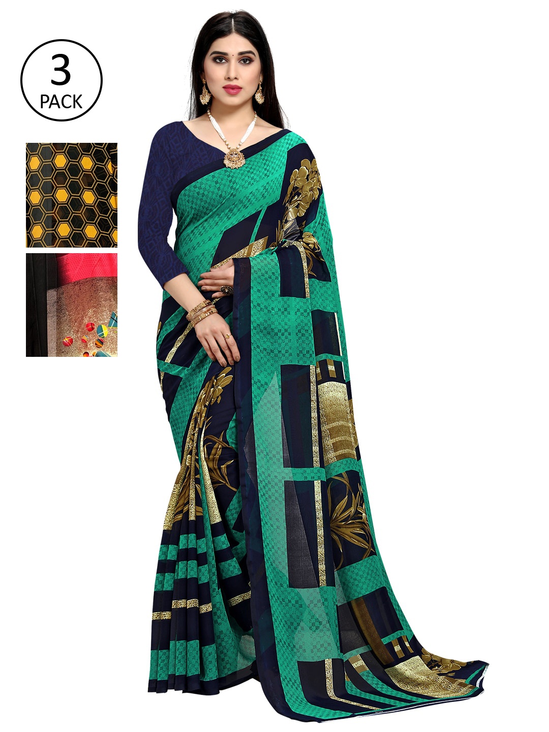

KALINI Yellow & Black Batik Pack of 3 Saree