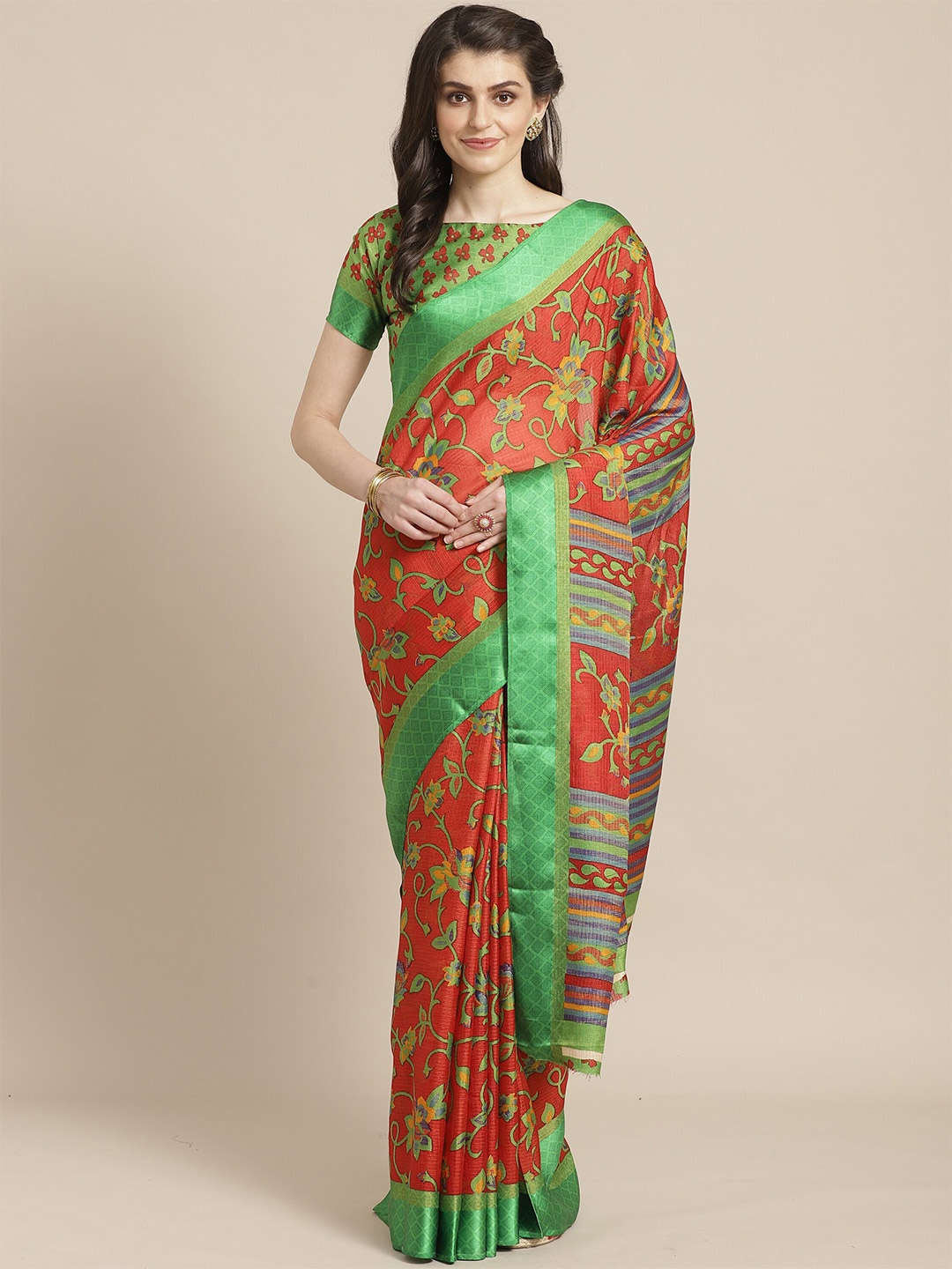 

Saree mall Orange & Green Floral Brasso Sarees