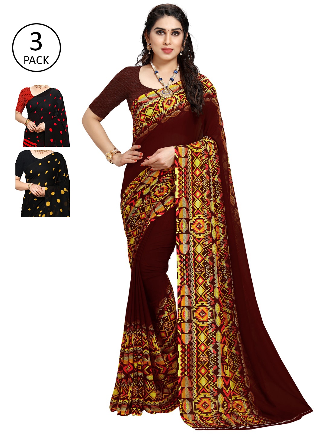 

KALINI Pack of 3 Printed Poly Georgette Saree, Multi