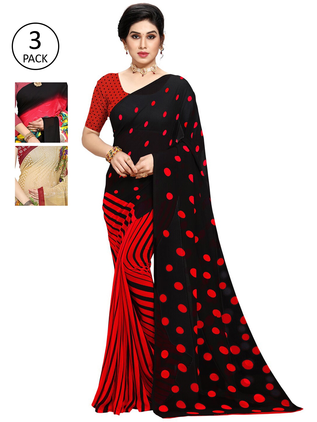 KALINI Women Pack of 3 Printed Sarees, Black