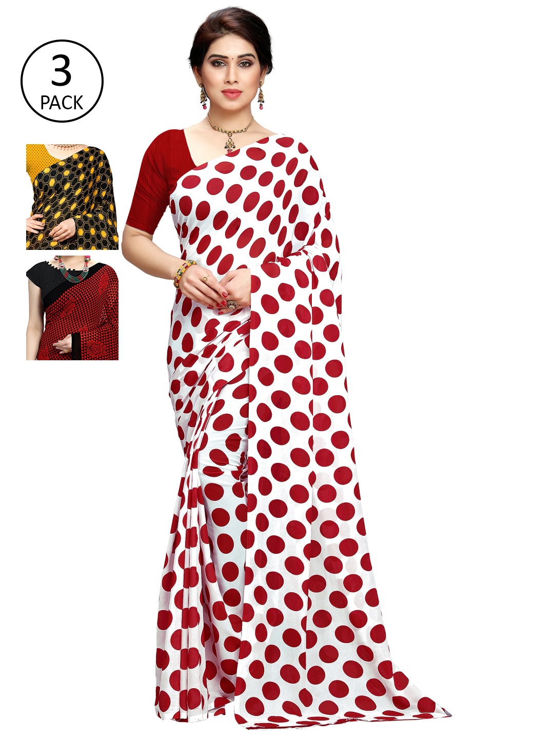 

KALINI Pack of 3 Printed Sarees, White