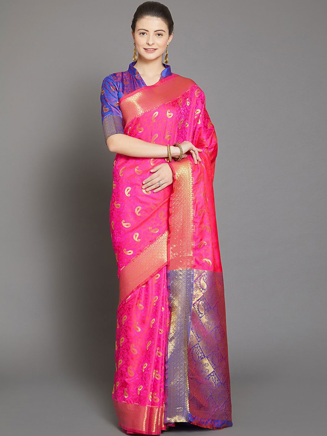 

Mitera Women Pink & Golden Paisley Woven Design Banarasi Saree