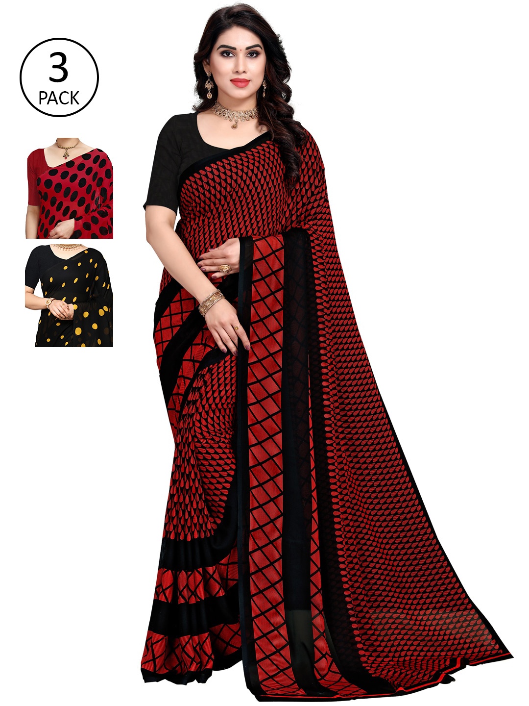 

ANAND SAREES Pack Of 3 Multicoloured Poly Georgette Sarees, Multi