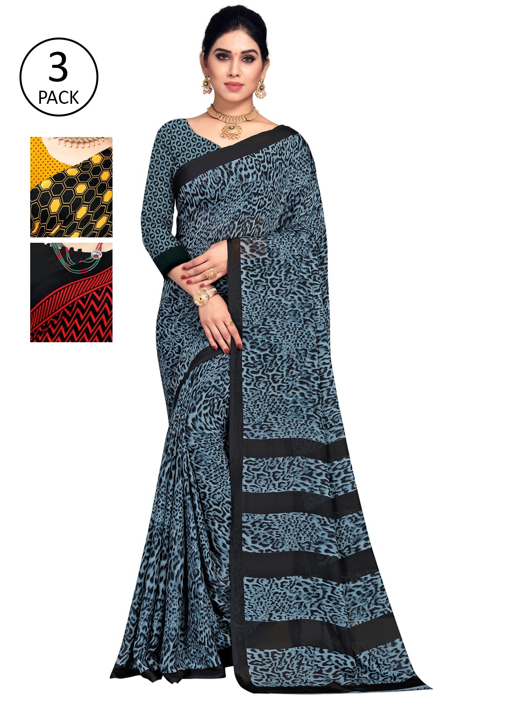 

KALINI Pack Of 3 Poly Georgette Sarees, Blue
