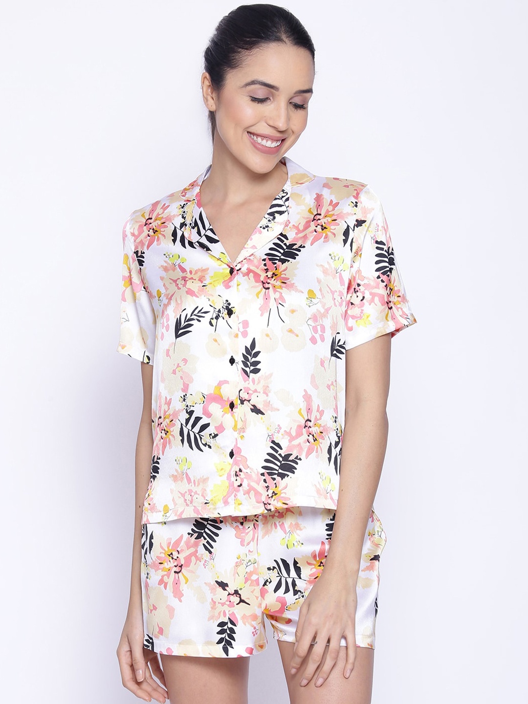 

IX IMPRESSION Women Yellow & White Tropical Printed Night suit