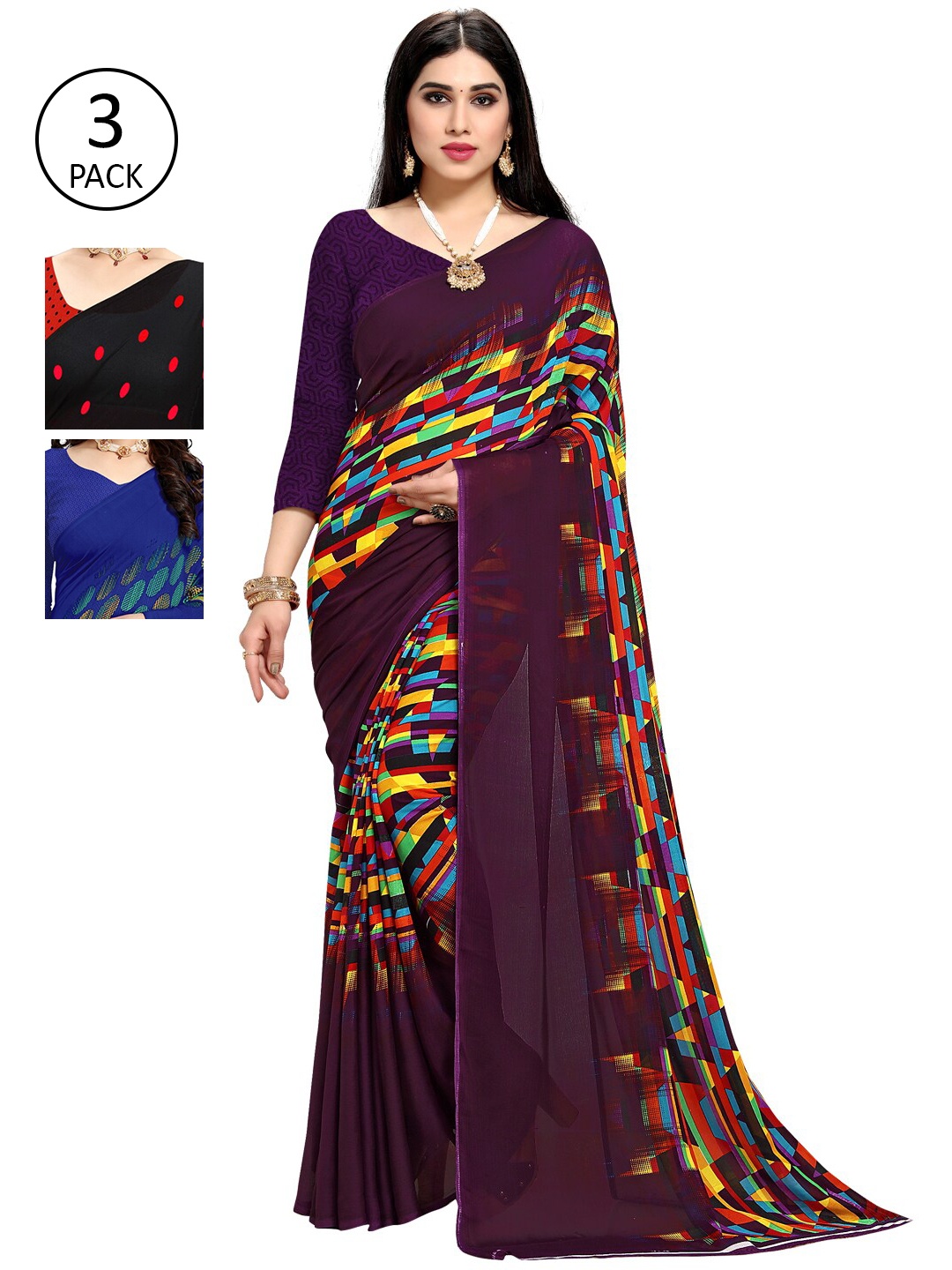 

KALINI Pack of 3 Poly Georgette Printed Sarees, Purple