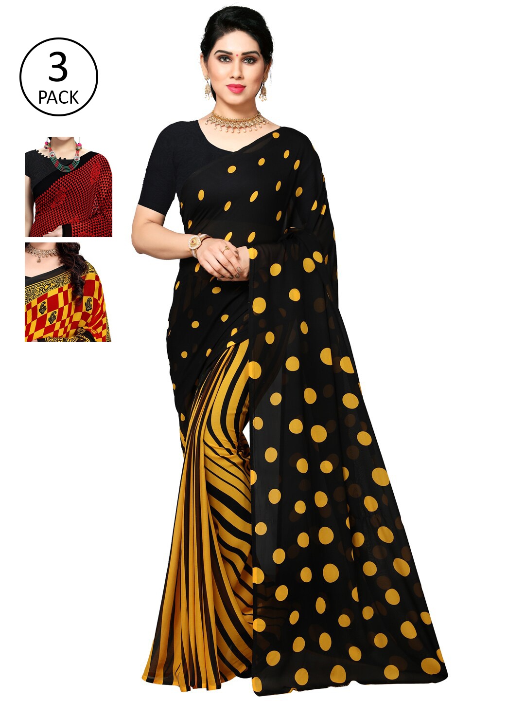 

KALINI Yellow & Black Pack of 3 Printed Saree
