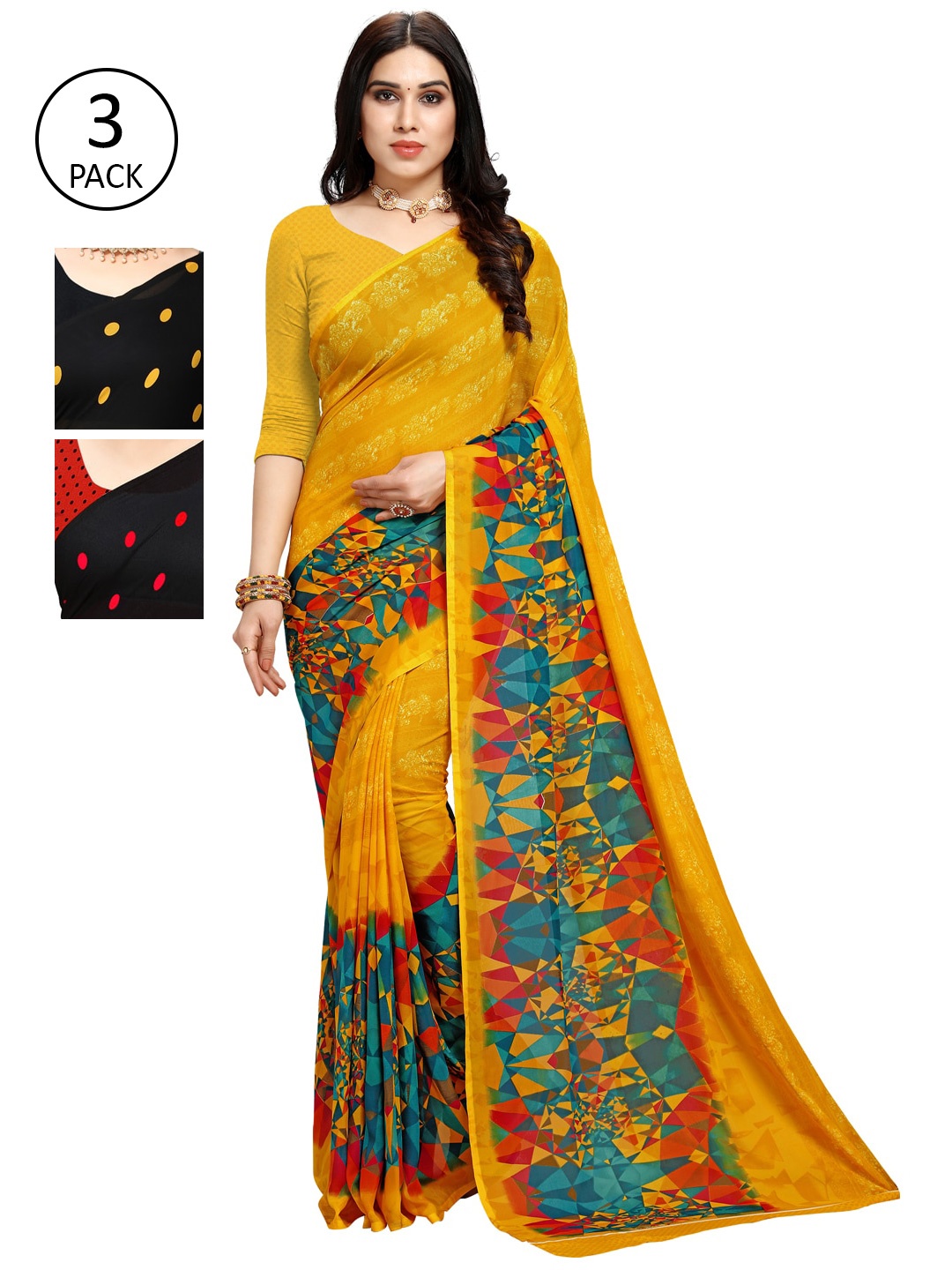 

KALINI Pack of 3 Poly Georgette Sarees, Black