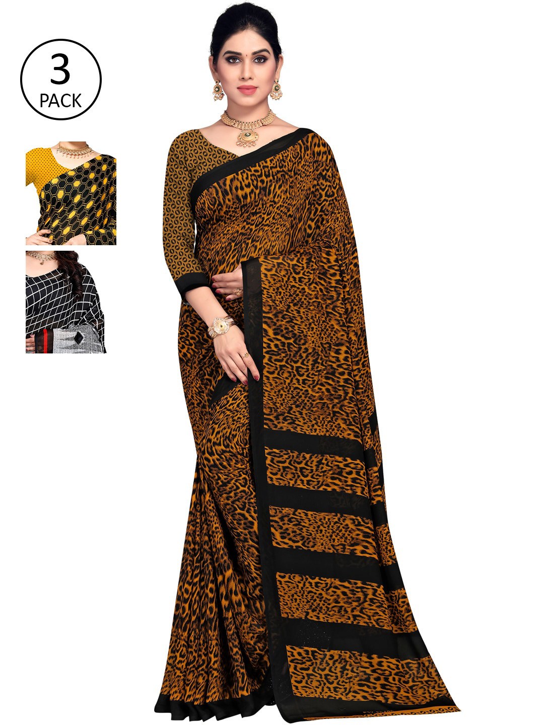 

KALINI Pack of 3 Yellow & Black Saree