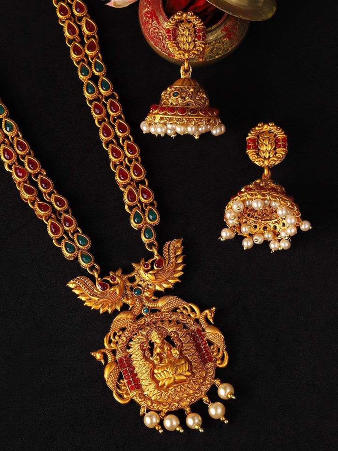 

Rubans Gold-Plated Red & GreenFaux Ruby-Studded Temple Jewellery Set