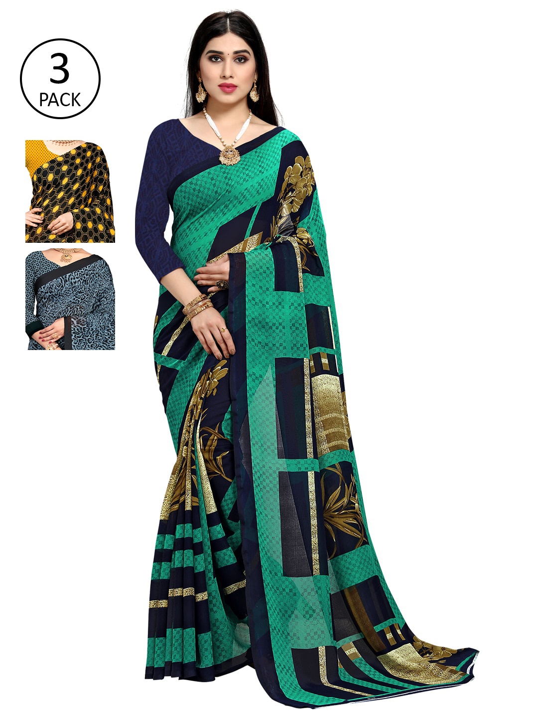 

KALINI Pack of 3 Printed Sarees, Green