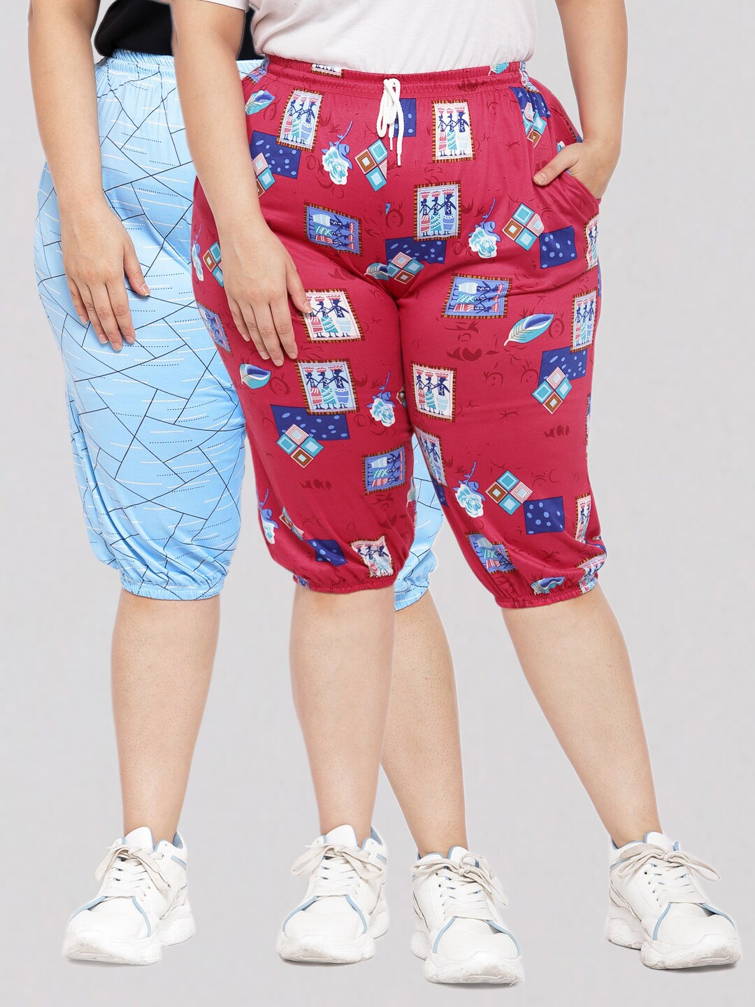 

KLOTTHE Women Blue & Red Printed Pack of 2 Capris