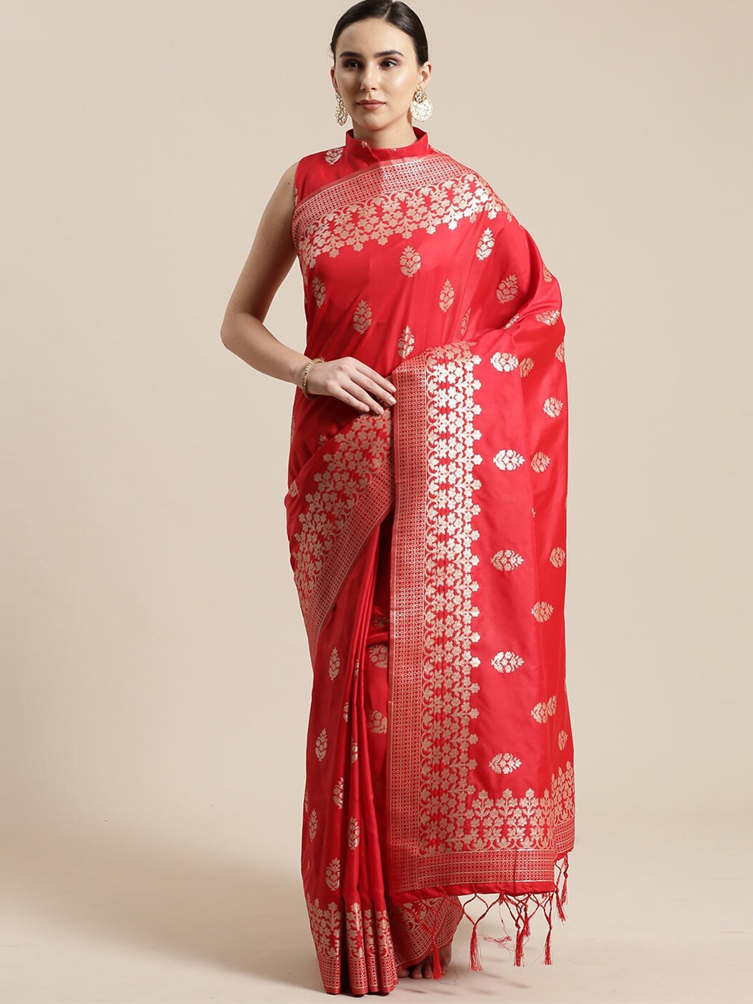 

Saree mall Red & Gold-Toned Ethnic Motifs Silk Blend Sarees