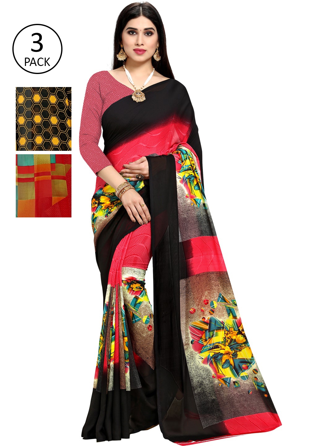

KALINI Multicoloured Set of 3 Poly Georgette Saree, Multi