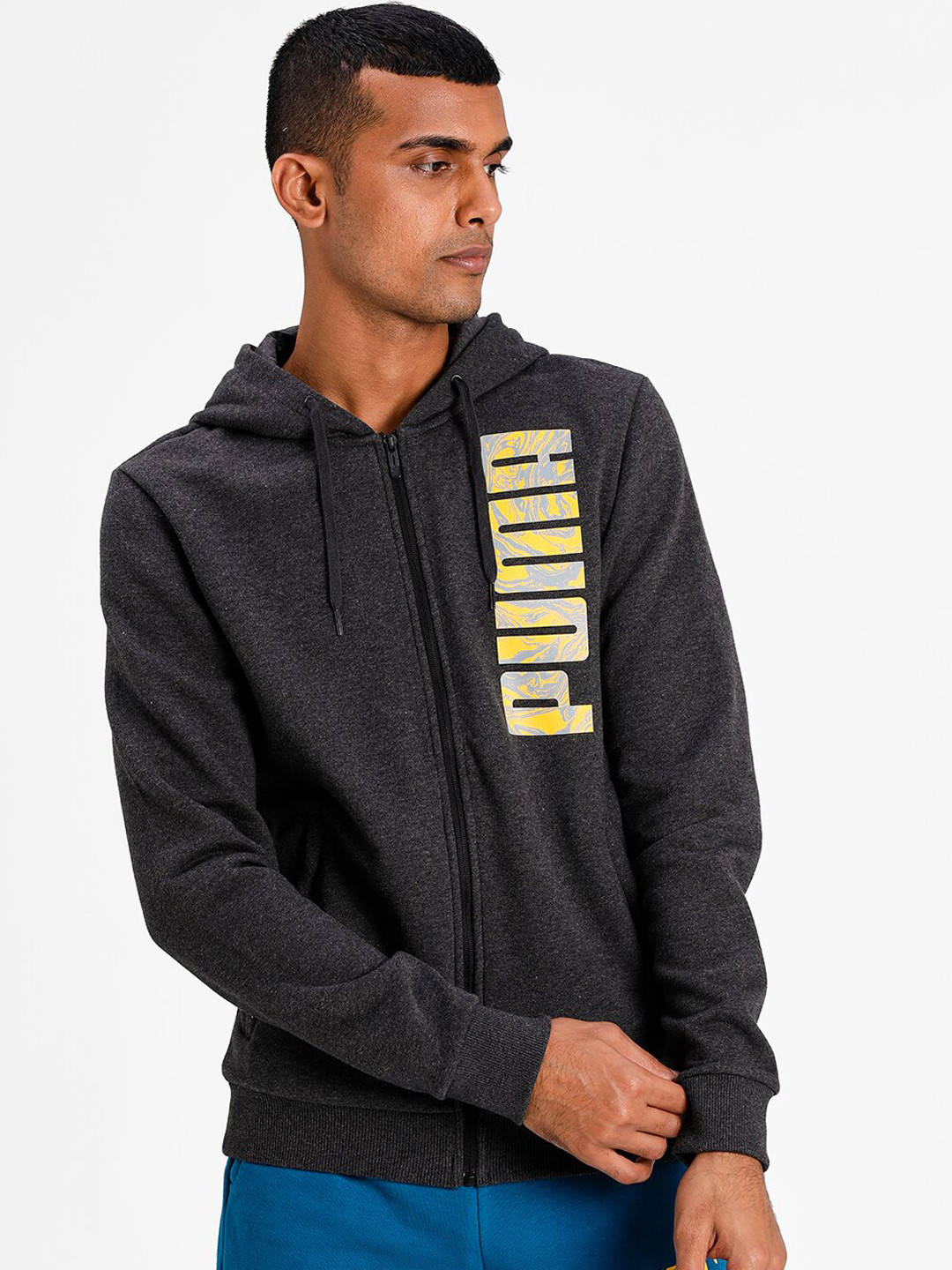 

Puma Men Grey Yellow Typography Hooded Sporty Jacket