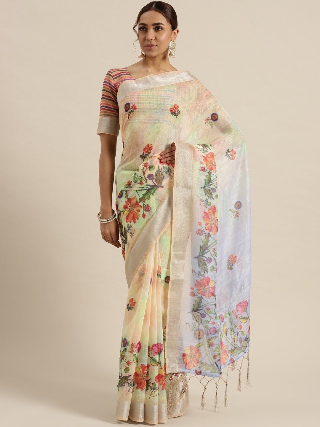 

Saree mall White & Peach-Coloured Floral Zari Linen Blend Sarees