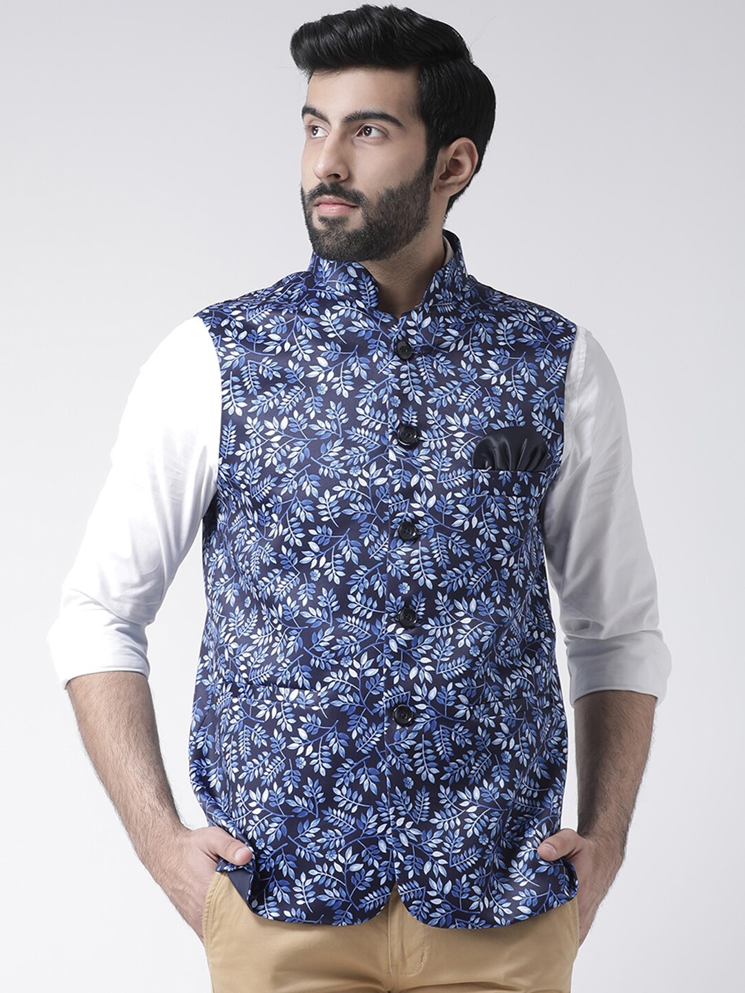 

Hangup Men Navy Blue Printed Woven Nehru Jacket