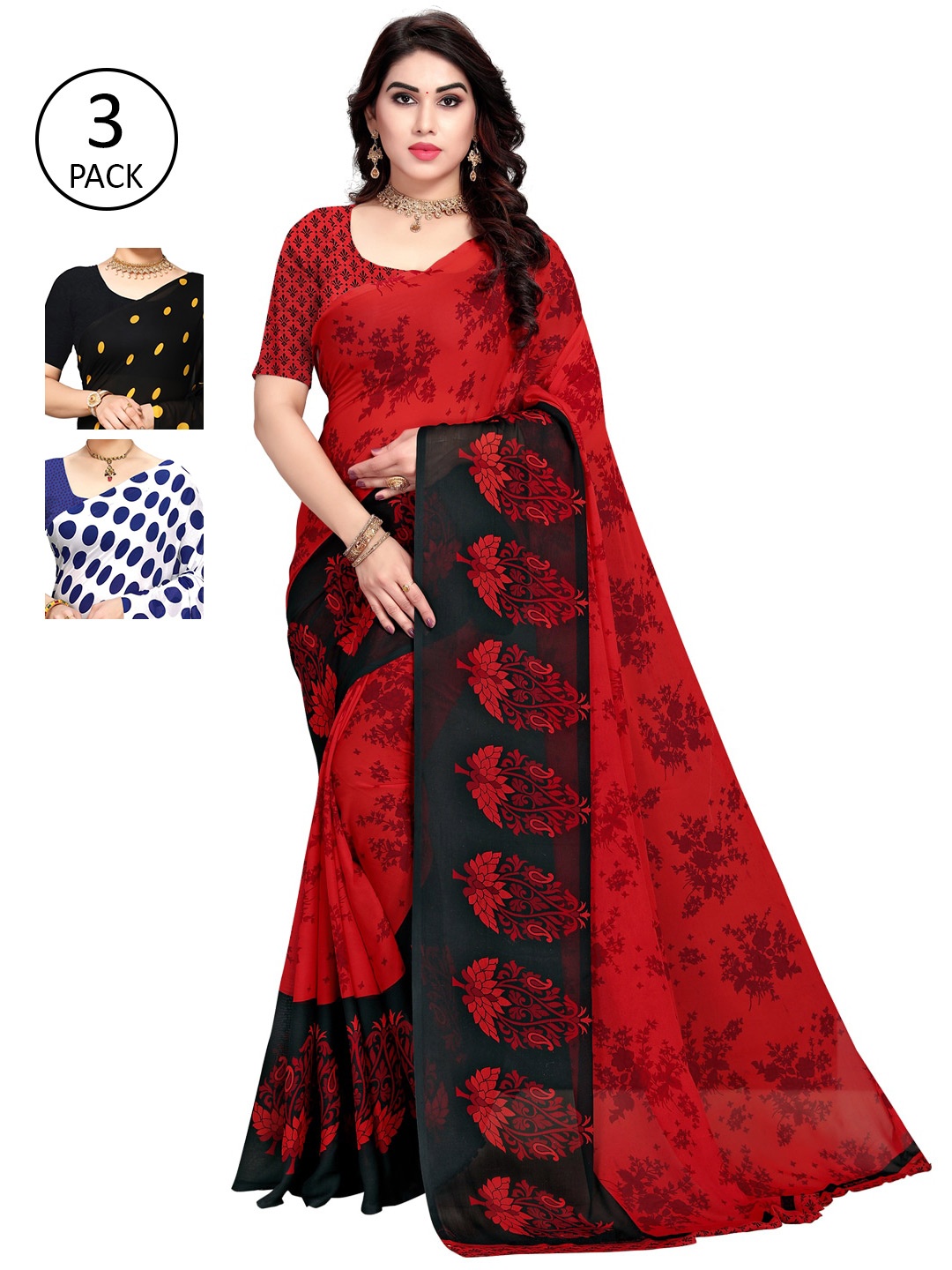 

KALINI Black & Yellow Pack of 3 Printed Saree