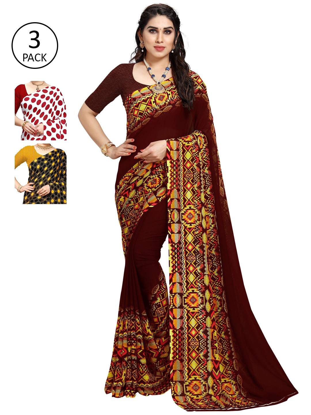 

KALINI Pack of 3 Printed Poly Georgette Saree, Multi