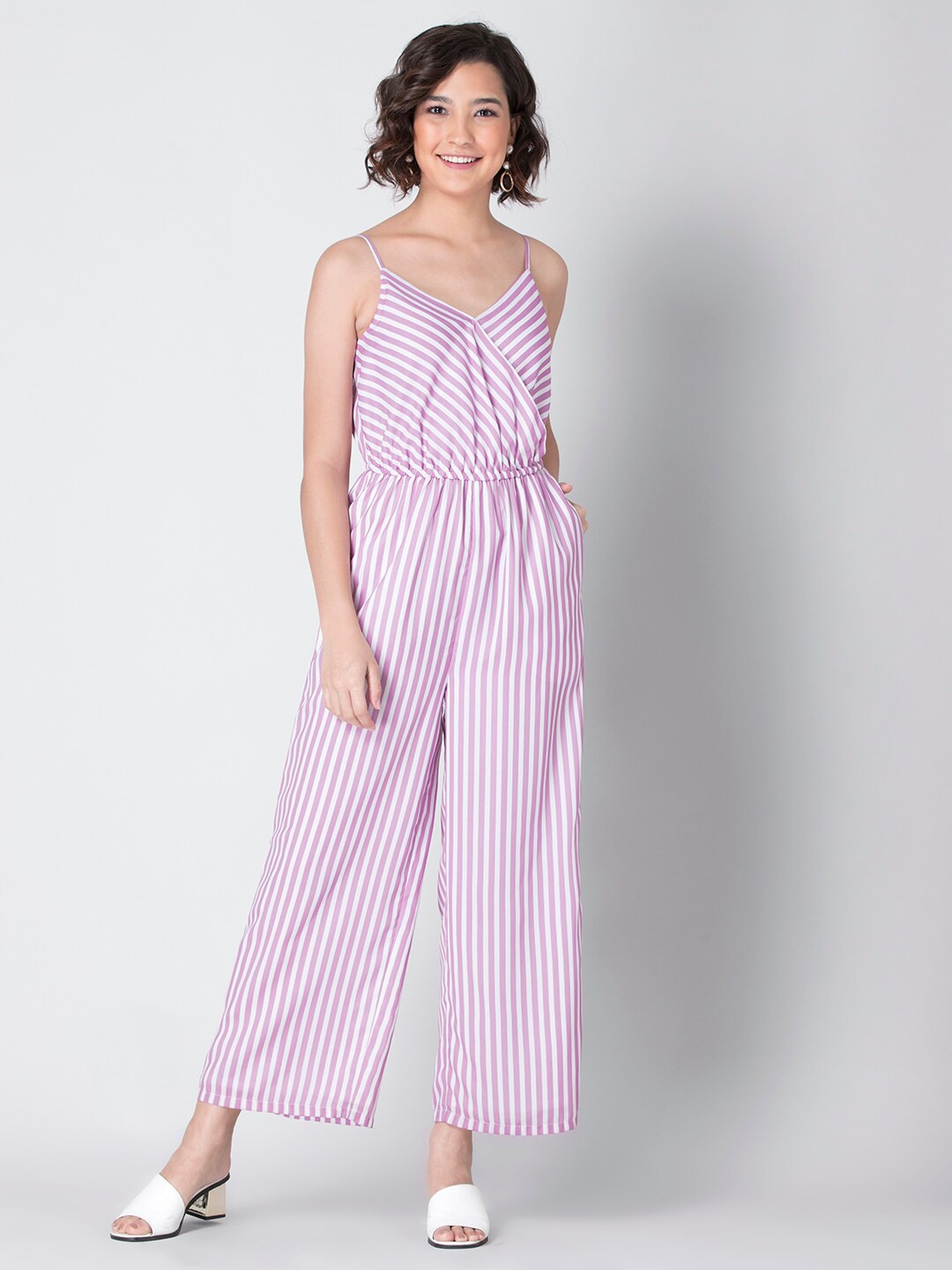 

FabAlley Women White & Pink Striped Basic Jumpsuit
