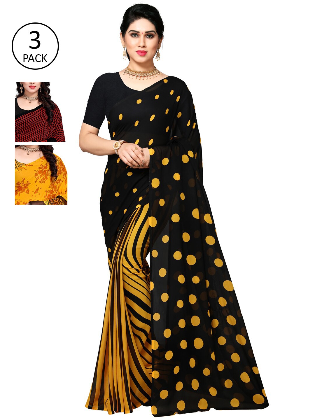

KALINI Yellow & Black Pack of 3 Printed Saree