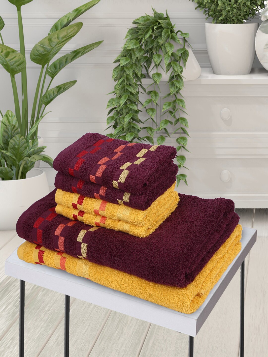 

BIANCA Set Of 6 Striped 450 GSM Pure Mercerized Combed Cotton Towels, Maroon
