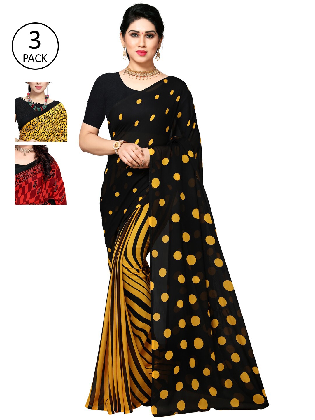 

KALINI Pack of 3 Poly Georgette Printed Sarees, Mustard