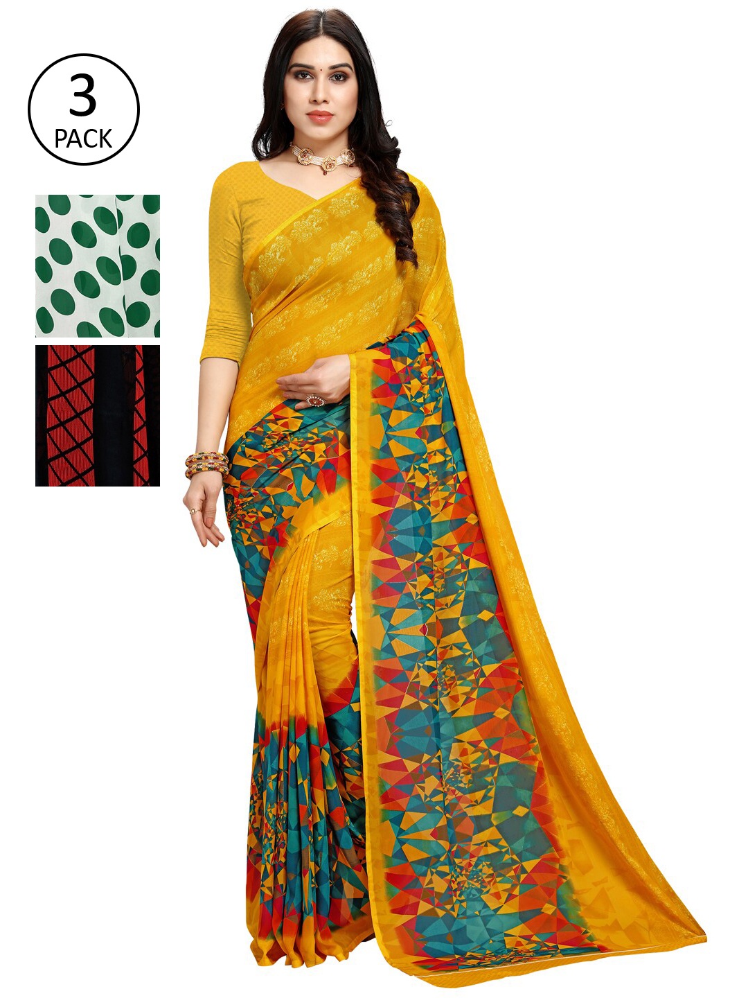 

KALINI Pack Of 3 Red & Green Saree