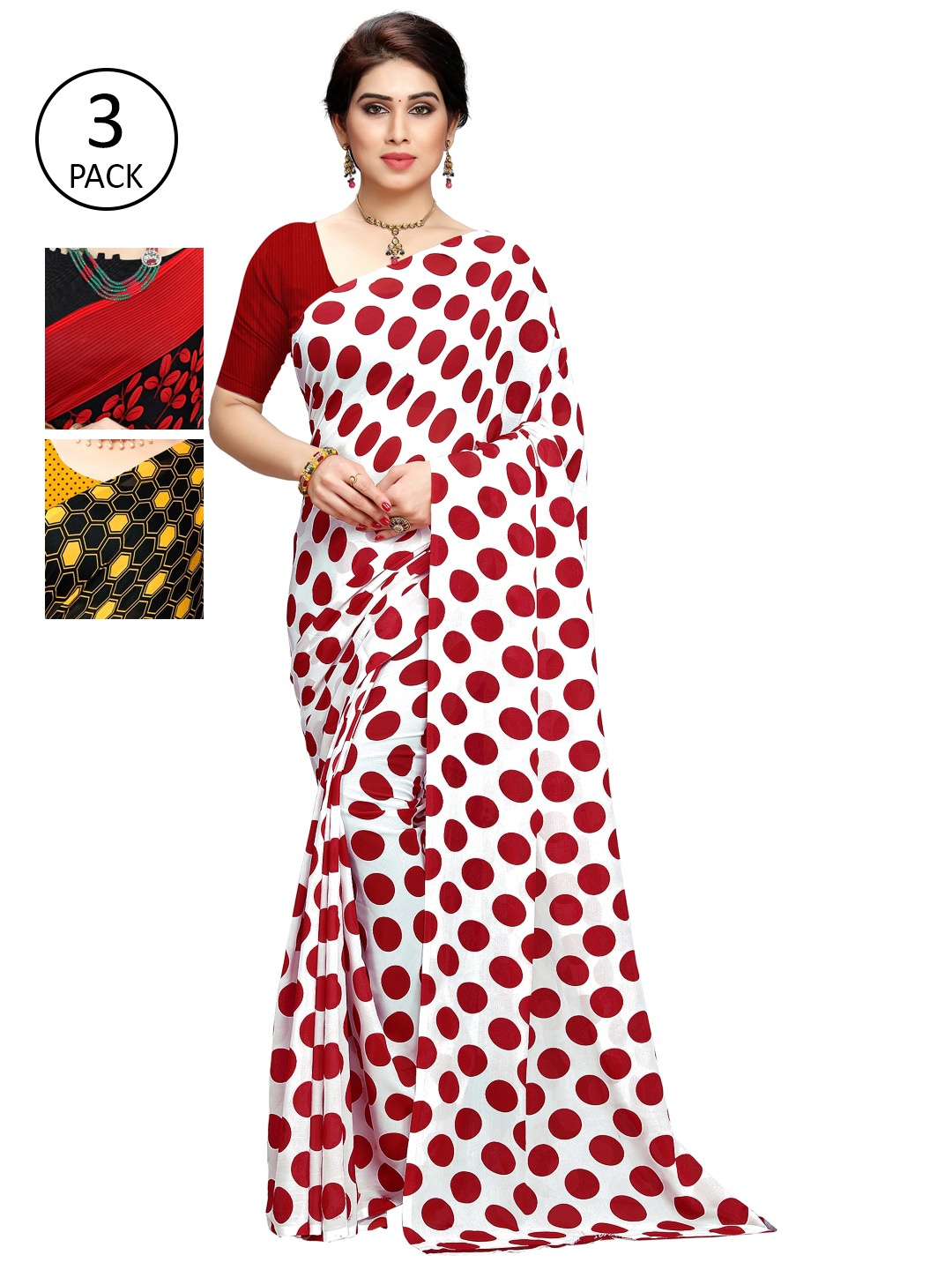 

KALINI Pack of 3 Poly Georgette Sarees, White