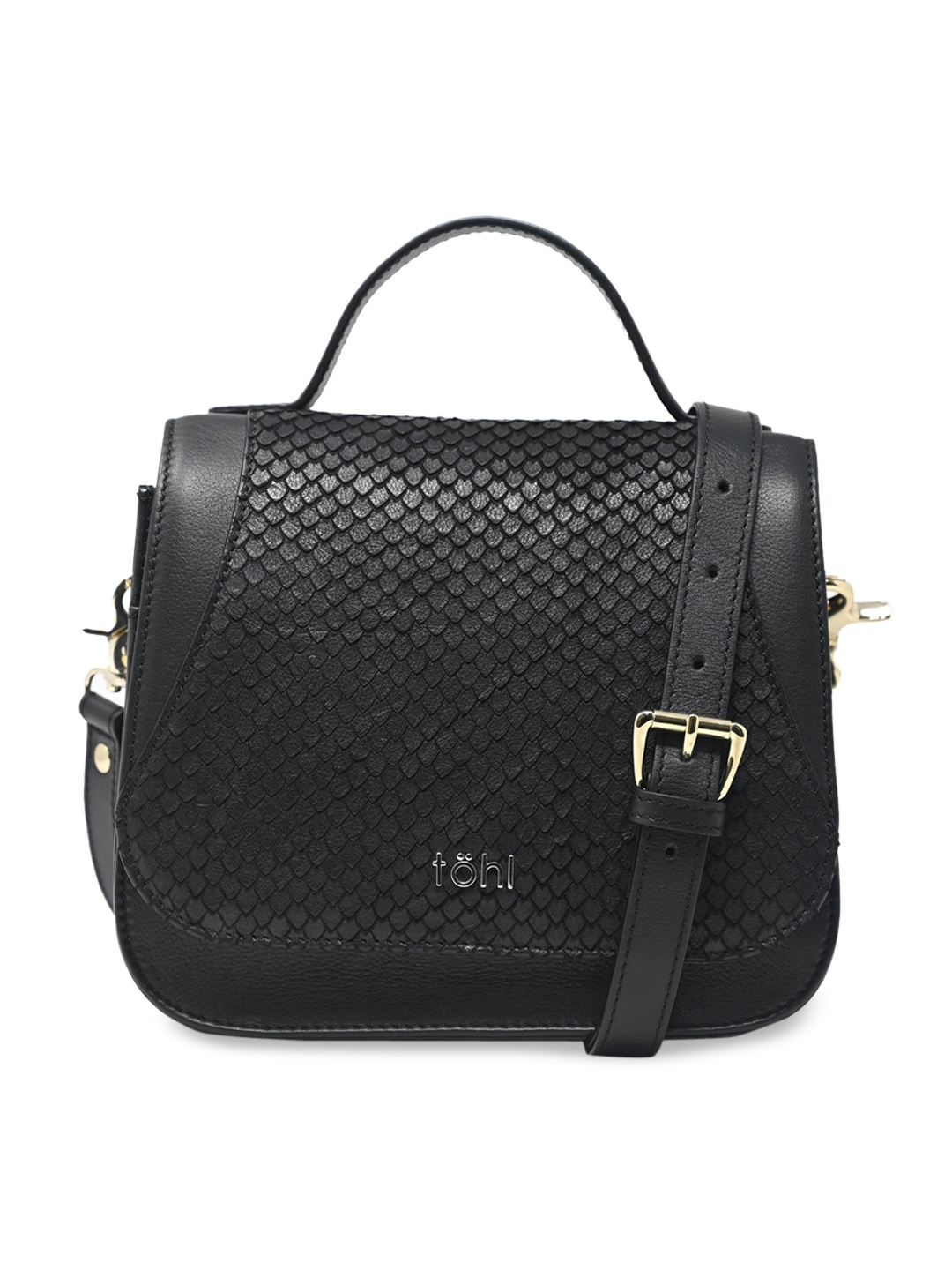 tohl Black Leather Structured Handheld Bag with Cut Work