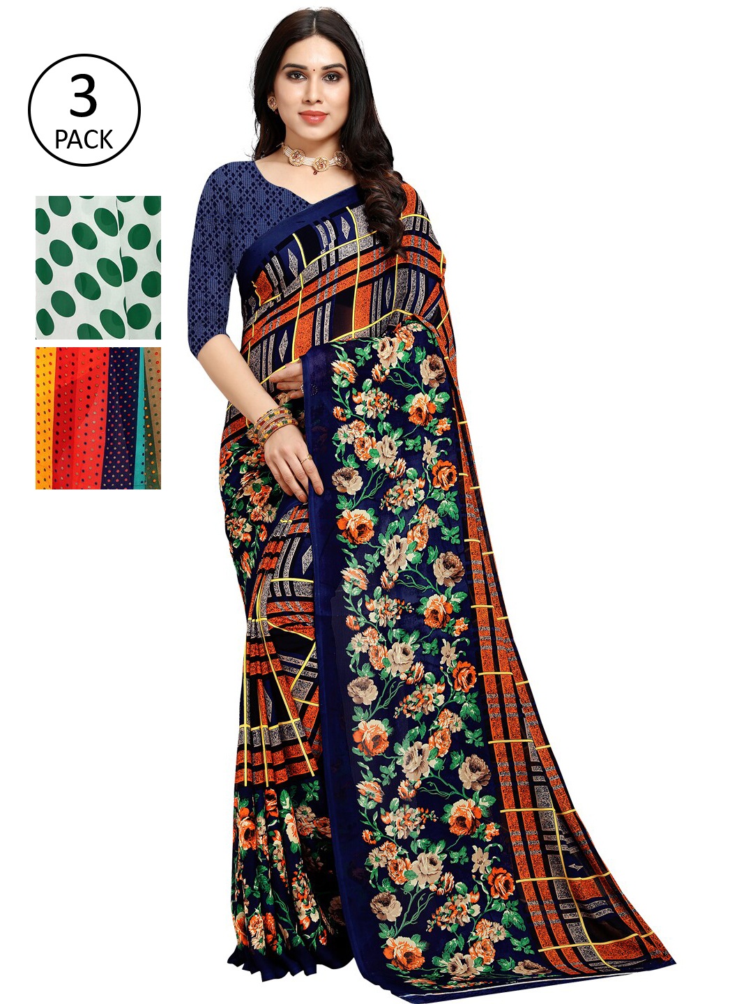 

KALINI Pack of 3 Printed Poly Georgette Saree, Multi