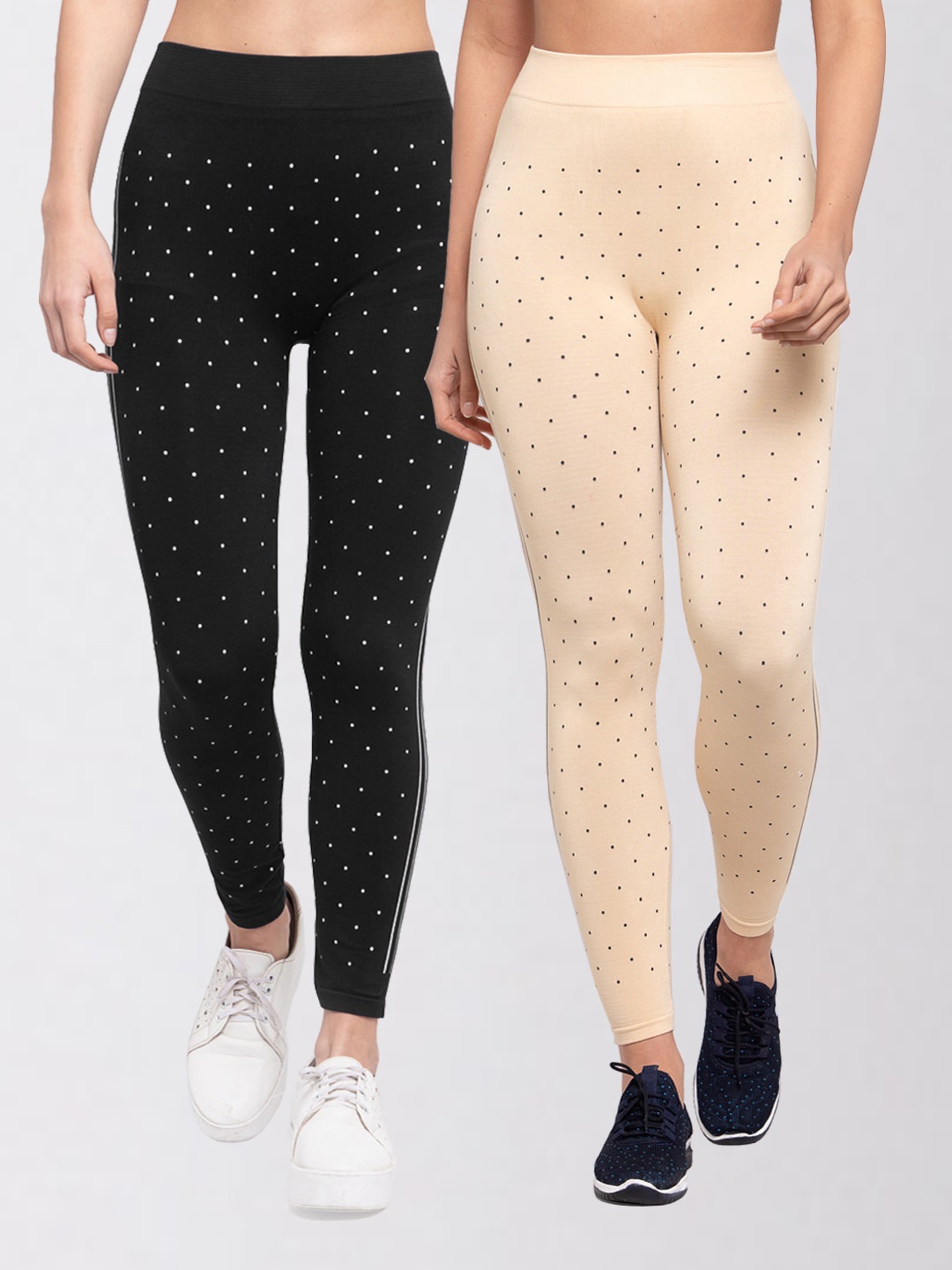 

KLOTTHE Women Pack Of 2 Polka Dot Printed Skinny-Fit Jeggings, Black