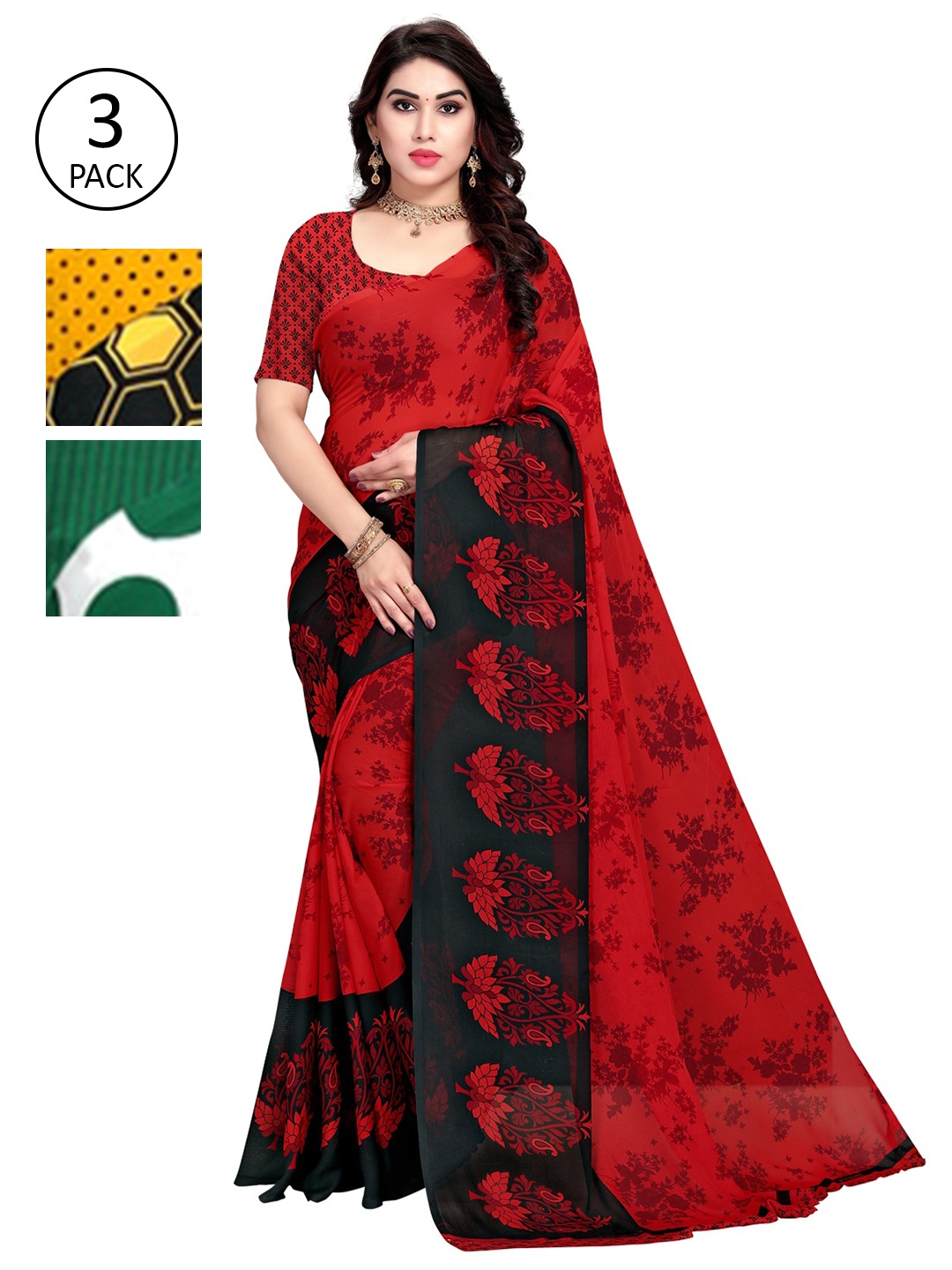 

KALINI Pack of 3 Printed Sarees, Red