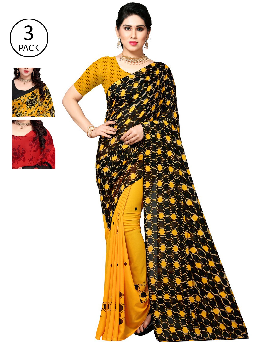 

KALINI Pack of 3 Yellow & Black Saree