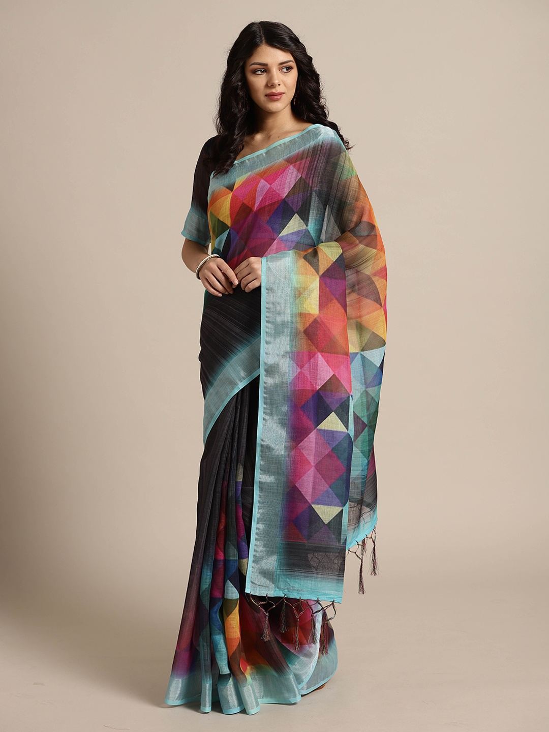 

Saree mall Black & Green Linen Blend Sarees
