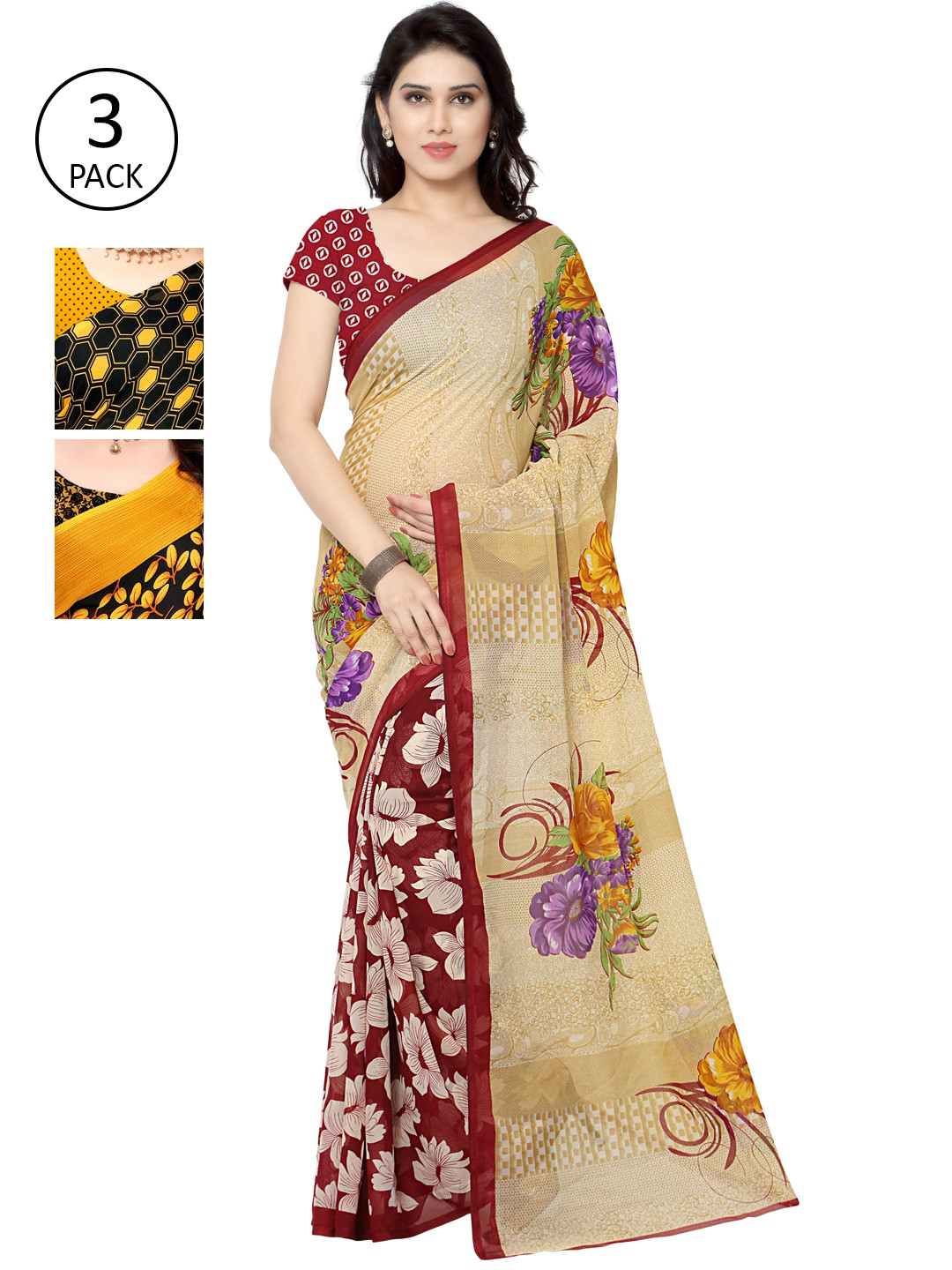 

KALINI Multicoloured Set of 3 Poly Georgette Saree, Multi