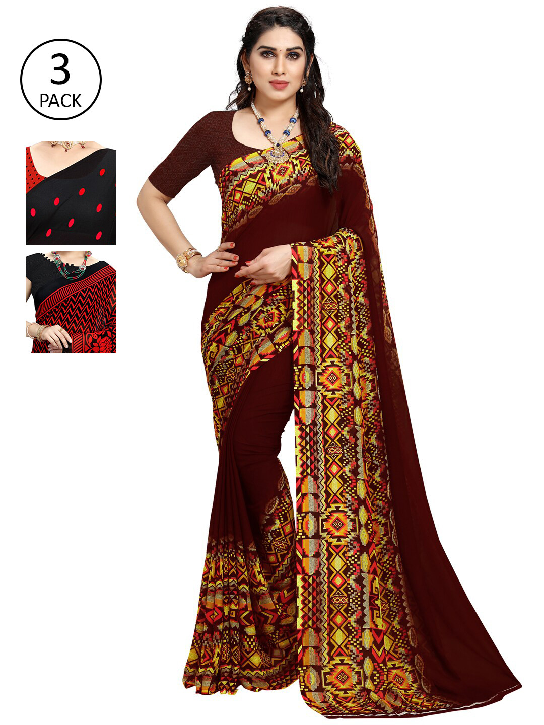 

KALINI Pack Of 3 Printed Sarees, Black