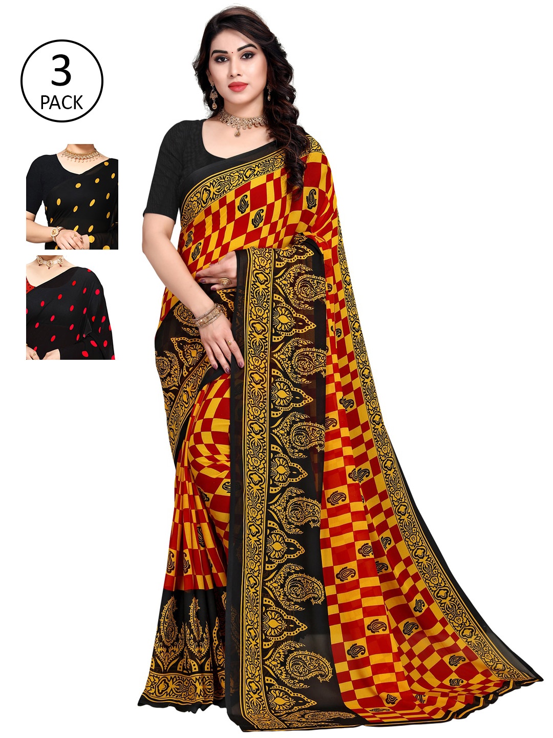 

KALINI Black & Red Pack of 3 Printed Saree