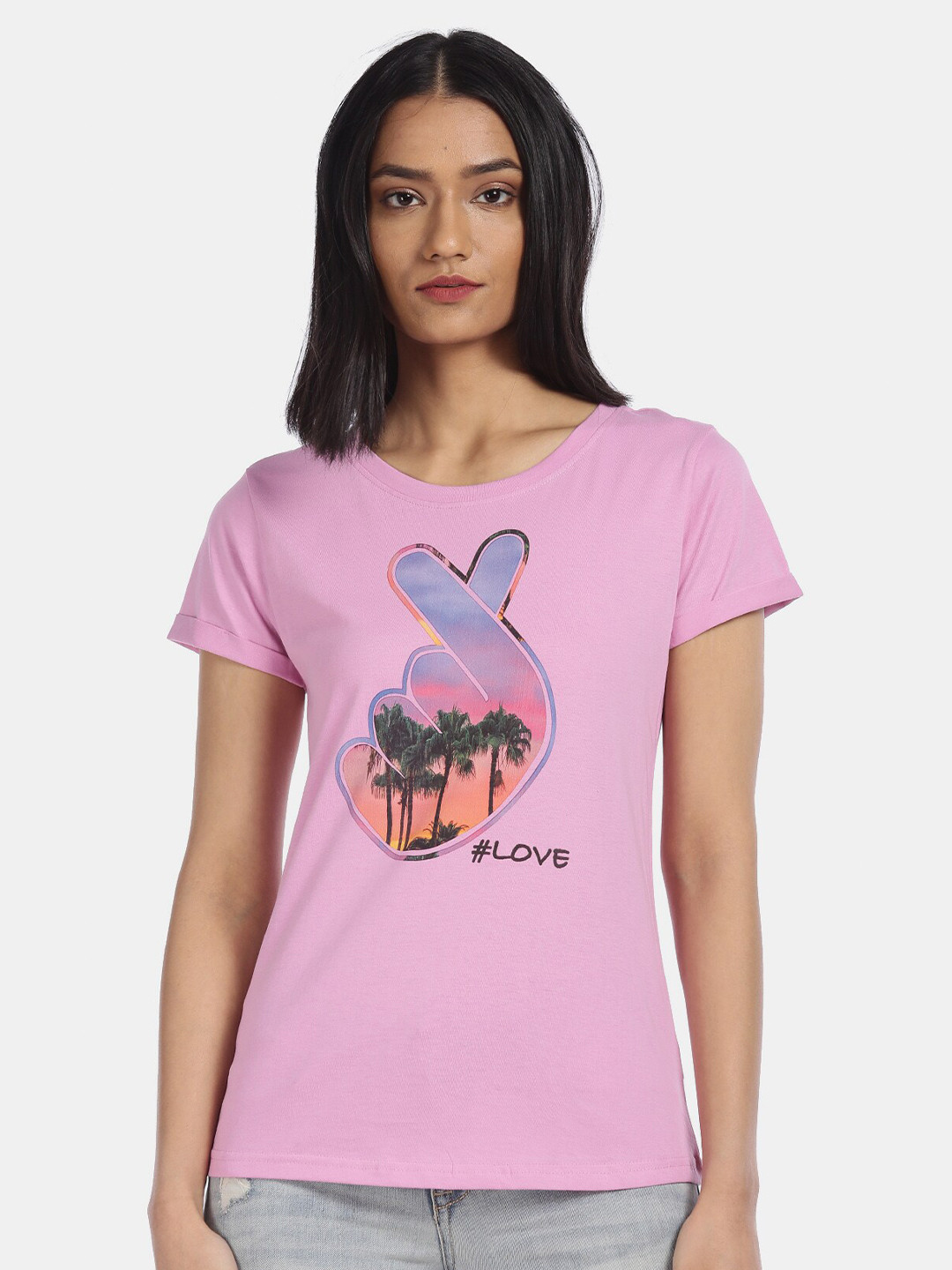 

Sugr Women Pink Graphic Printed Pure Cotton T-shirt