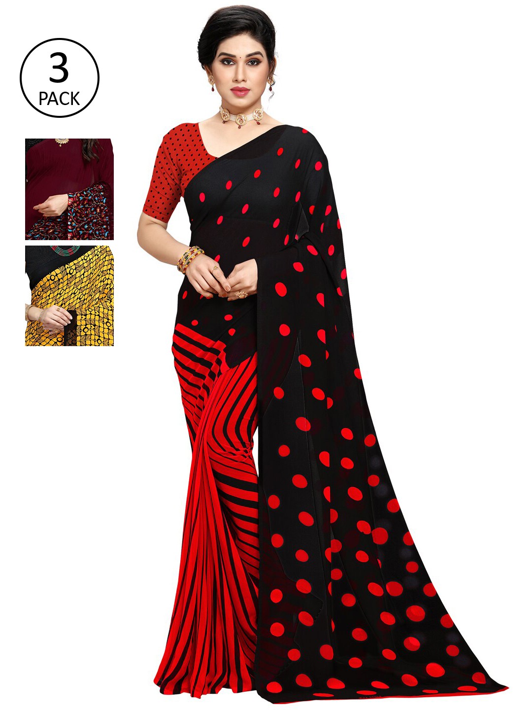 

KALINI Pack Of 3 Poly Georgette Sarees, Black