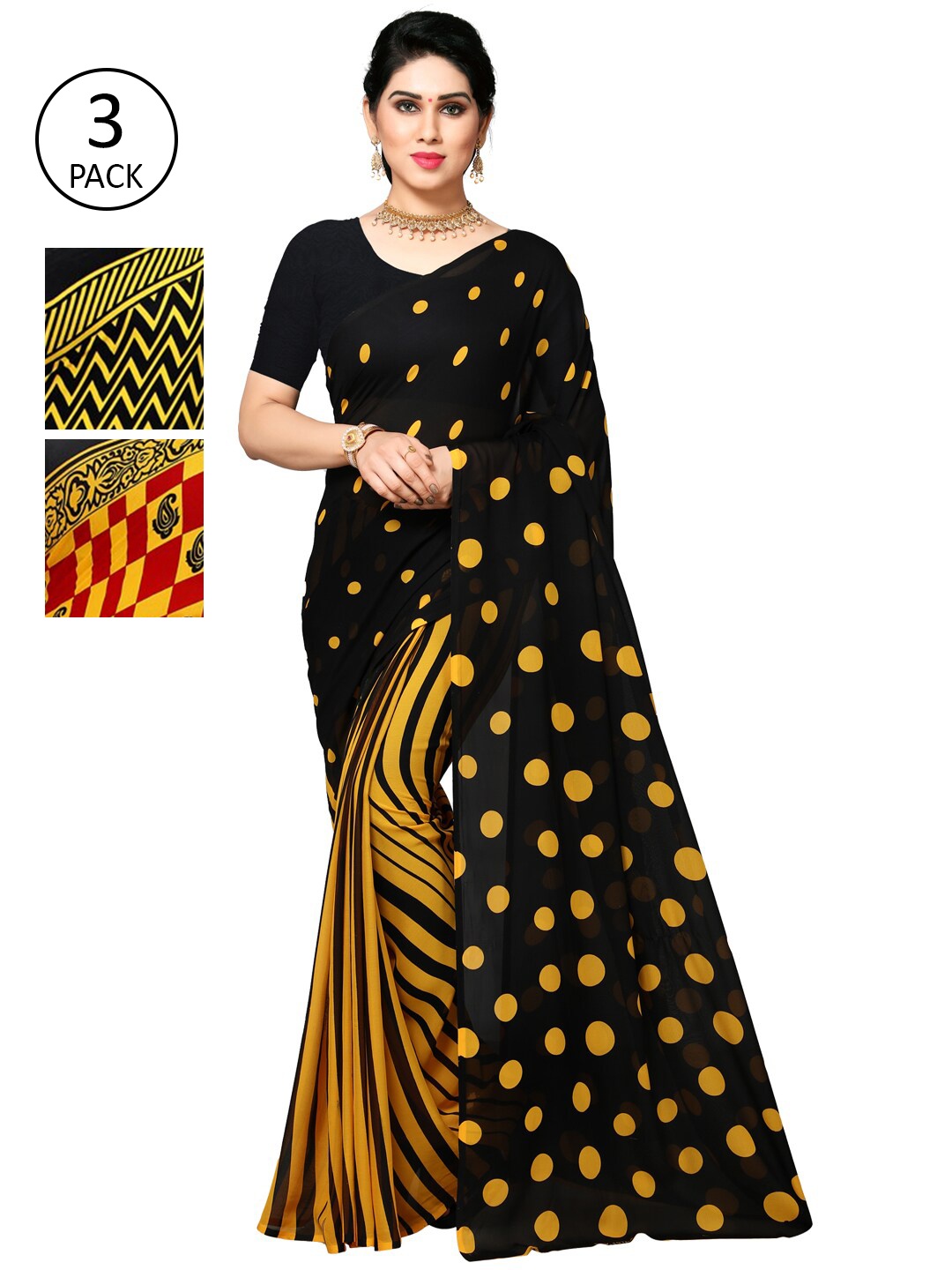 

KALINI Black & Yellow Pack of 3 Printed Saree