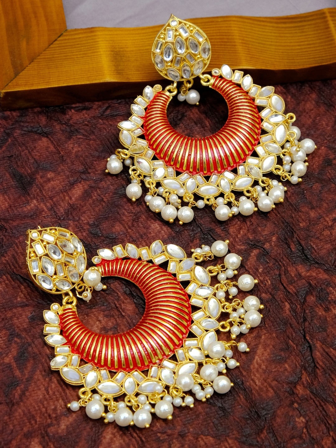 

Crunchy Fashion Red & Gold-Plated Kundan Classic Chandbalis Earrings