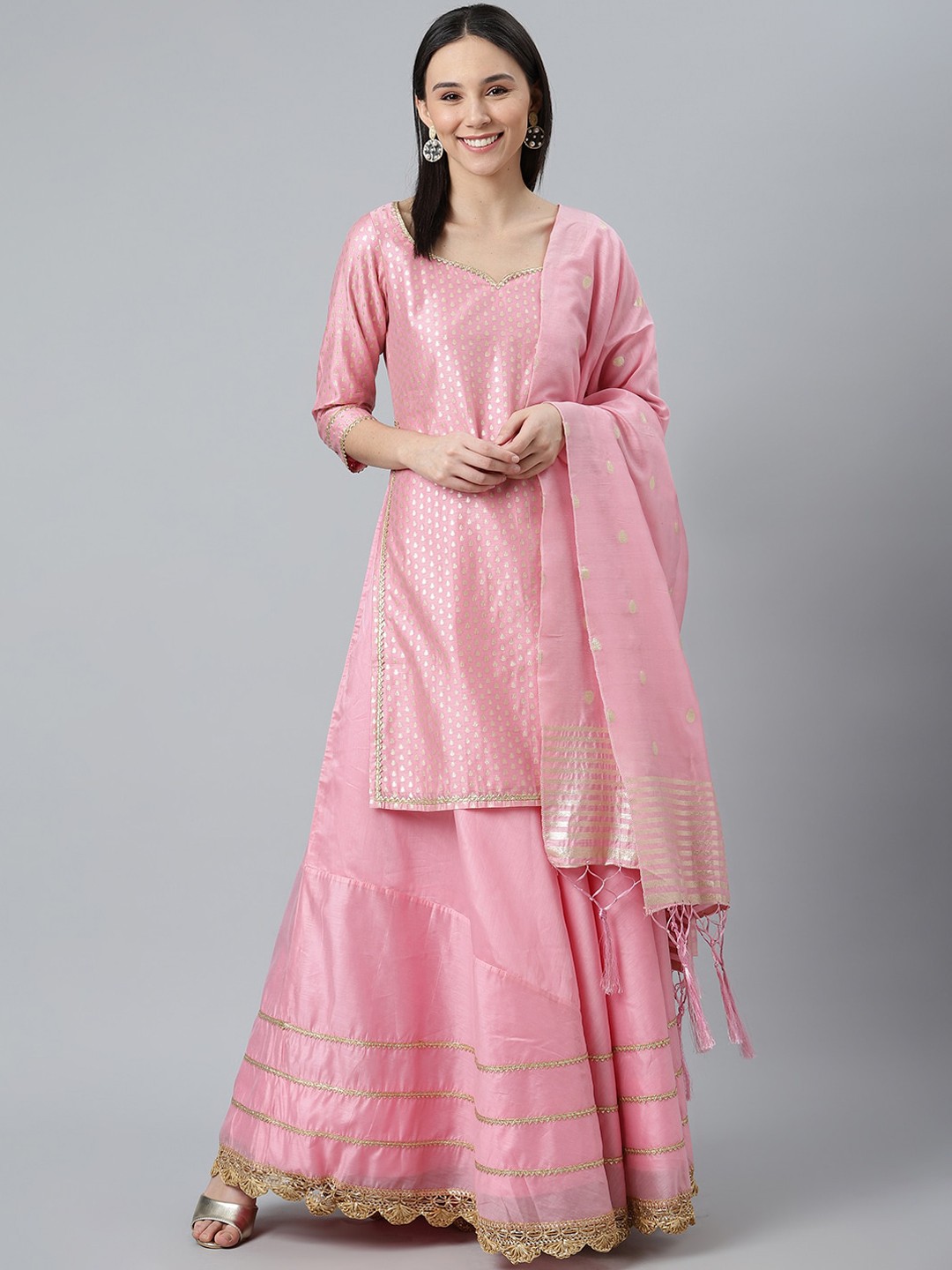 

Libas Women Pink Layered Chanderi Silk Kurta with Skirt & With Dupatta